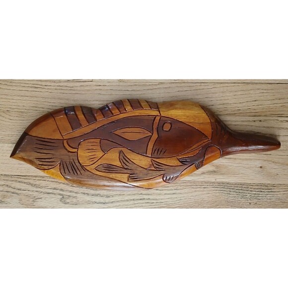 Carved Wooden Inlaid Flowers Aruba Leaf Shaped Dip Serving Tray Platter Dish - Picture 7 of 8